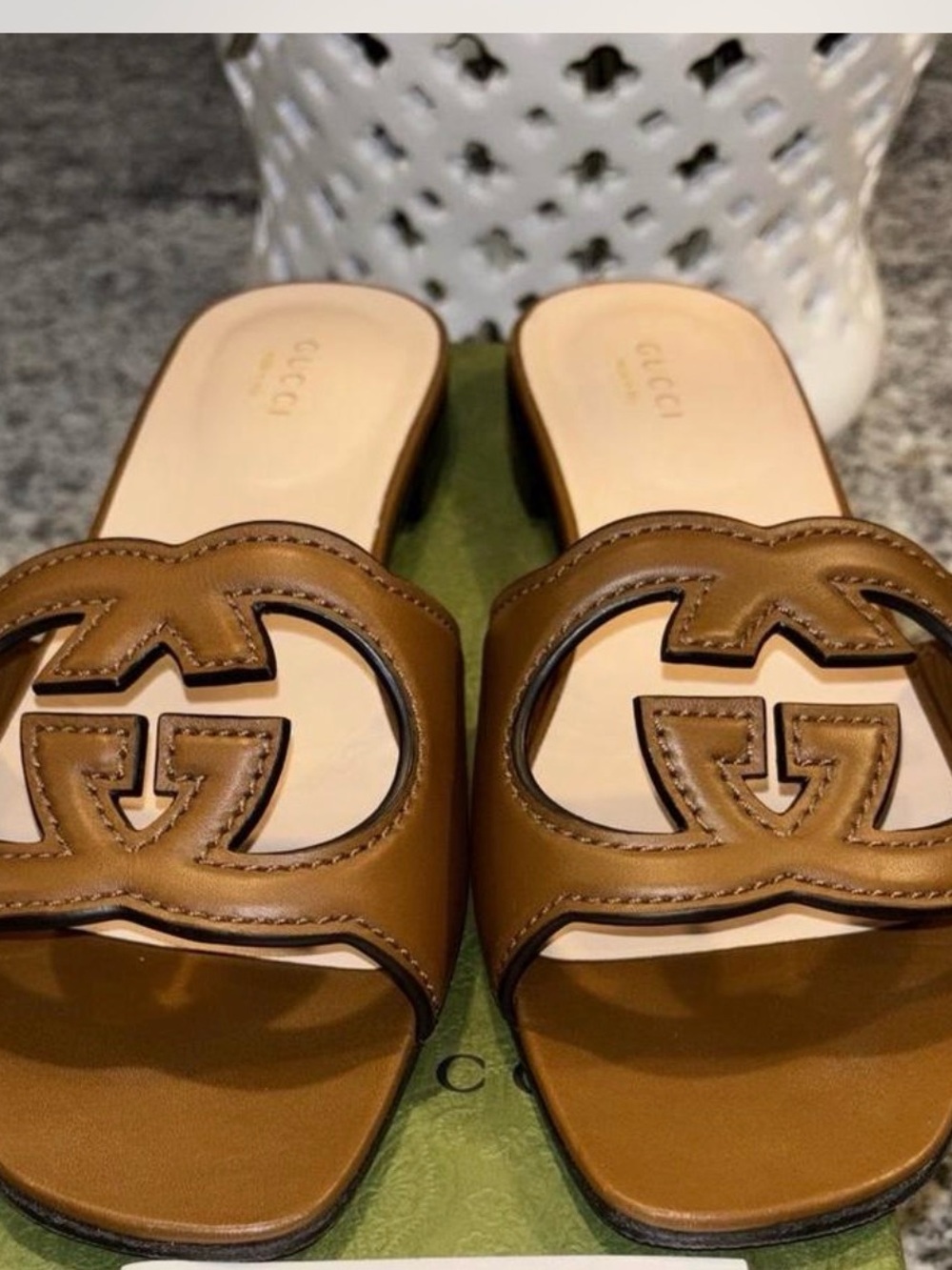 Gucci Brown Leather Double G Cutout Slide Mules
